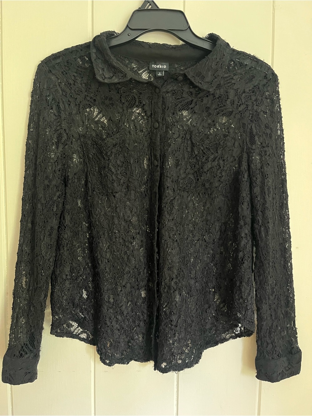 Torrid Black Floral Lace Button-Up Blouse Long Sleeve, Size 2/2x